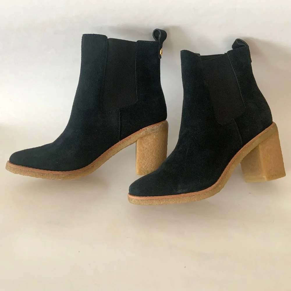 Ralph Lauren Marianna Black Suede Pull-On Chelsea Booties Block Heel Ankle Boots